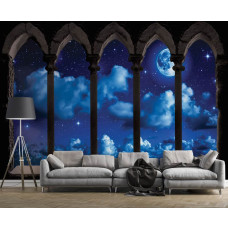 Een fotobehang met een 3D-uitzicht op de maan en sterren met pilaren en zuilen, ideaal voor een kinderkamer en woonkamer.