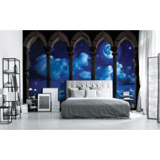 Een fotobehang met een 3D-uitzicht op de maan en sterren met pilaren, perfect voor een kinderkamer.
