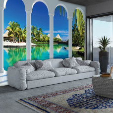 Een fotobehang met een tropisch uitzicht op de Malediven, geschikt voor een woonkamer.