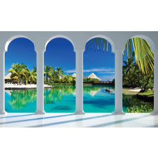 Fotobehang van een 3D uitzicht op de Malediven met pilaren, perfect voor een serene strandervaring.