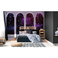Een fotobehang met een 3D-uitzicht op sterren en het universum met pilaren, ideaal voor een kinderkamer.