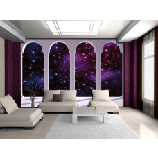 Een fotobehang met een universum met sterren en pilaren, passend in een woonkamer.