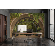 Een fotobehang met een 3D-uitzicht op een dromenbos met een prachtige boom, perfect voor een kantoor.