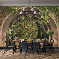 Een fotobehang met een fantasierijke boom in een dromenbos, passend in een keuken.