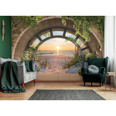 Een fotobehang met duinen en een zee bij zonsondergang, perfect voor een keuken.