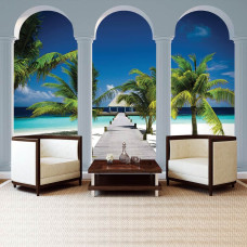 Een fotobehang met tropische stranden en palmbomen in een 3D-ontwerp, passend in een kantoor.