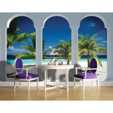 Een fotobehang met tropische palmbomen en pilaren in een 3D-design, geschikt voor een keuken.