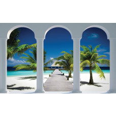 Fotobehang van een 3D uitzicht op Hawaii met zuilen, palmbomen en strand.