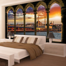 Een fotobehang met een 3D-ontwerp van Istanboel met pilaren, bedrukt op vliesbehang, ideaal voor een slaapkamer.