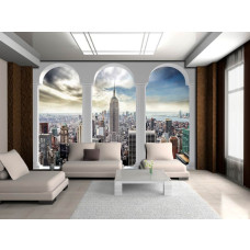 Een fotobehang met een 3D-uitzicht op de stad New York, perfect voor een bedrijfsruimte.