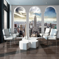 Een fotobehang met een 3D-uitzicht op de stad New York en de Empire State Building, perfect voor een huiskamer.
