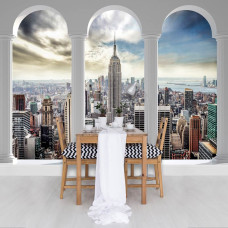 Een fotobehang met een 3D-uitzicht op New York en de Empire State Building, geschikt voor een keuken.