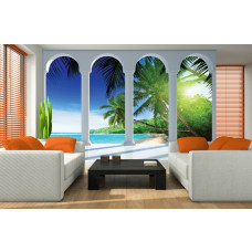 Een fotobehang met een tropisch landschap met palmbomen en zee, perfect voor een woonkamer.