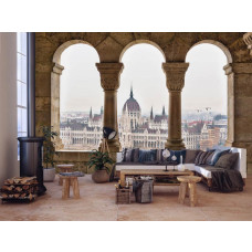 Een fotobehang met een 3D-uitzicht op het parlementsgebouw van Boedapest, passend in een woonkamer.