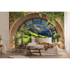 Een fotobehang met een serene bergomgeving in Tirol, ideaal voor een slaapkamer.