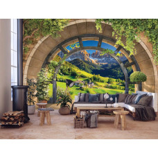 Een fotobehang met een 3D-uitzicht op Tirol met bergen en een prachtig landschap, ideaal voor een woonkamer.
