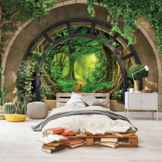 Een fotobehang met een tropisch boslandschap, ideaal voor een slaapkamer.