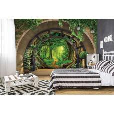 Een fotobehang met een tropisch junglelandschap, ideaal voor een tienerkamer.