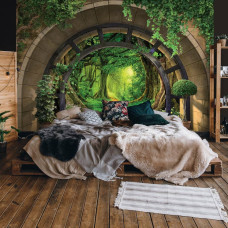 Een fotobehang met een tropisch regenwoud bedrukt op vliesbehang, perfect voor een slaapkamer.