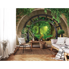 Een fotobehang met een regenwoudlandschap in tropische stijl, passend in een woonkamer.