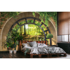 Een fotobehang met een zonnig bos in een serene omgeving, perfect voor een slaapkamer.