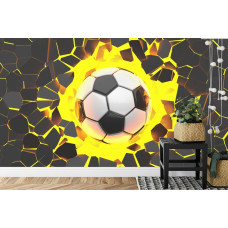 Een fotobehang met een avontuurlijke 3D-scčne van een voetbal in een kinderkamer.