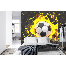 Een fotobehang met een avontuurlijke 3D-scčne van een voetbal in een slaapkamer.