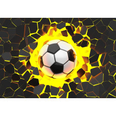 Fotobehang van een avontuurlijk 3D-effect waarbij een voetbal centraal staat in een spannende wedstrijdsituatie.
