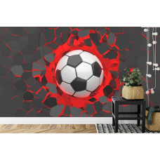 Een fotobehang met een 3D-weergave van een voetbal in een kinderkamer.