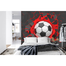 Een fotobehang met een 3D-weergave van een voetbal in een slaapkamer.