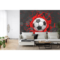 Een fotobehang met een 3D-weergave van een voetbal in een woonkamer.