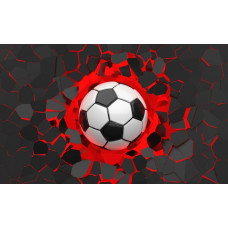 3D-fotobehang met een dynamische weergave van een voetbal die met snelheid door de lucht vliegt, benadrukt door grafische elementen.
