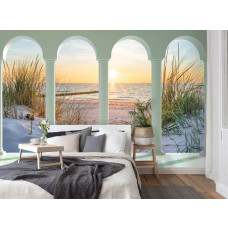 Een fotobehang met 3D-zicht op de duinen, strand en zee bij zonsondergang in naadloos behang voor een slaapkamer.