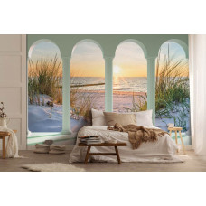 Een fotobehang met 3D-zicht op de duinen, strand en zee in een rustgevende slaapkamer.