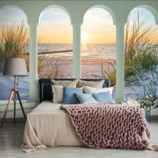 Een fotobehang met 3D-zicht op de duinen, strand en zee bij zonsondergang in vliesbehangstijl voor een slaapkamer.