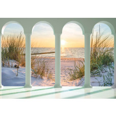 Fotobehang van een 3D-zicht op de duinen, strand en zee bij zonsondergang.