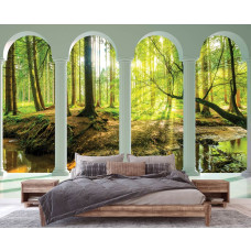 Een fotobehang met 3D-zicht op een zonnig bos met pilaren in naadloos behang voor een slaapkamer.