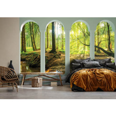 Een fotobehang met 3D-zicht op een zonnig bos in een rustgevende slaapkamer.