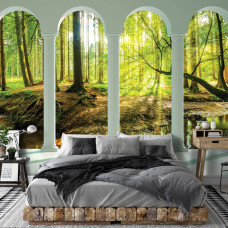 Een fotobehang met 3D-zicht op een zonnig bos in vliesbehangstijl voor een slaapkamer.
