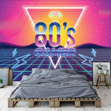 Een fotobehang in retro 80’s gamer-stijl met een kleurrijk gaming-ontwerp, geschikt voor een slaapkamer.