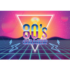 Retro 80's gaming-stijl met kleurrijke arcade-elementen en neonaccenten, perfect voor nostalgische gamers.