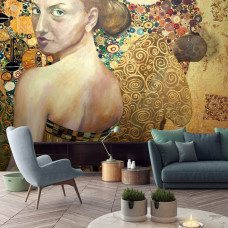 Een fotobehang van een schilderij met een abstracte dame, ideaal voor de huiskamer.