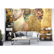 Een fotobehang met een abstract kunstwerk van een dame in verf, perfect voor de woonkamer.