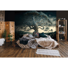 Een fotobehang met een metalen boom in abstracte kunststijl, speciaal voor een slaapkamer.