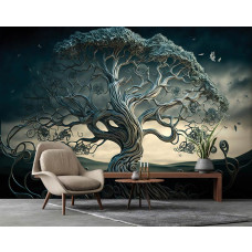 Een fotobehang met abstracte kunst van een boom gemaakt van metaal, perfect voor een woonkamer.