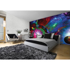 Een fotobehang met een kleurrijk universum met abstracte details, ideaal voor een kinderkamer.