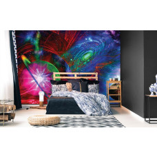 Een fotobehang met planeten en sterren in een abstracte en kunstzinnige ruimteomgeving, speciaal voor een slaapkamer.