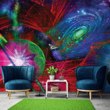 Een fotobehang met een abstract universum met een artistieke weergave van planeten en sterren, perfect voor een woonkamer.