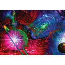Kleurrijke abstracte weergave van het universum met planeten en sterren op dit fotobehang, vol met levendige tinten.