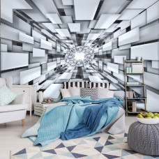 Een fotobehang met een abstracte 3D tunnel voor in de slaapkamer.
